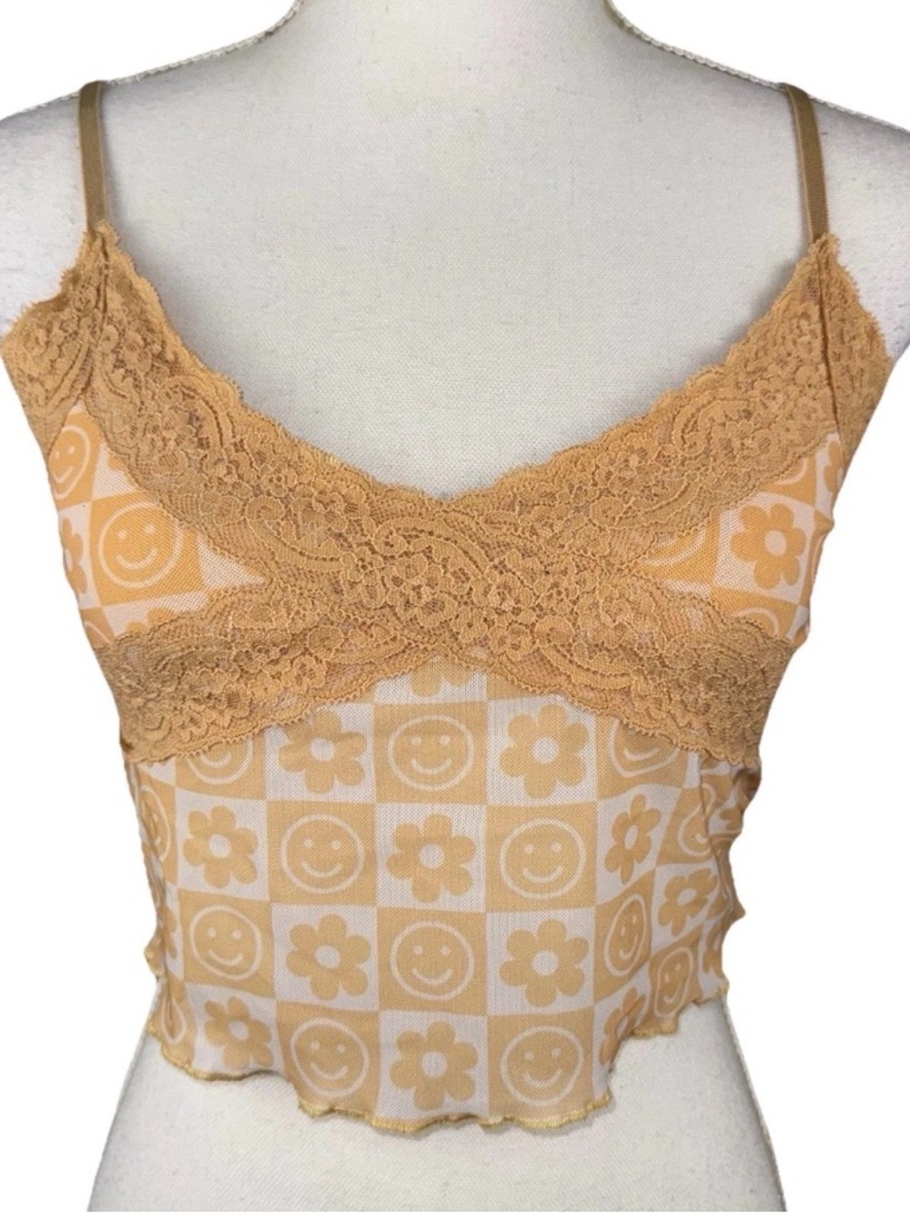 Forever 21 Cropped Lace Cami Large Orange Smiley Face & Floral Y2K Coquette Fun